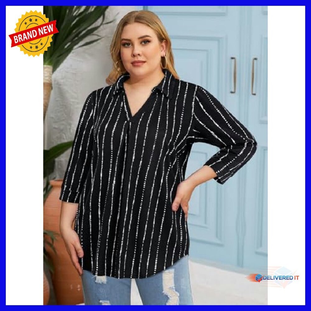 Plus Size V-Neck Collared 3/4 Sleeve Blouse Loose Fit Soft Business Casual - Picture 5 of 8